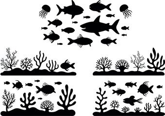 Sea Animal Silhouette Vector Set Whale, Fish, and Jellyfish