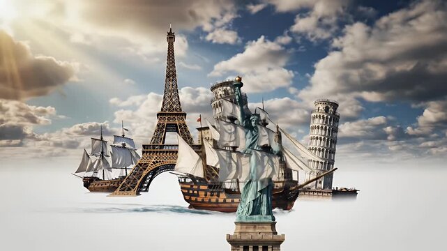 A surreal collage of the Eiffel Tower and the Leaning Tower of Pisa standing side by side