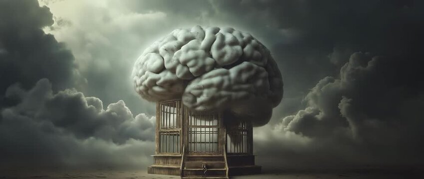 Surreal brain in cage under stormy sky, symbolizes mental imprisonment, psychological pressure, and the complexity of the human mind under stress.