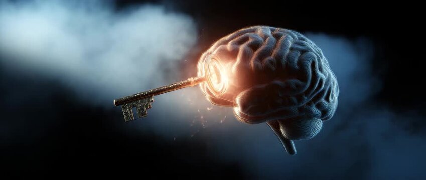 Human brain combined with a golden key, knowledge, intelligence, memory, and the unlocking of the mind&rsquo;s potential.