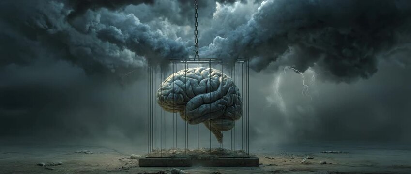 Surreal brain in cage under stormy sky, symbolizes mental imprisonment, psychological pressure, and the complexity of the human mind under stress.