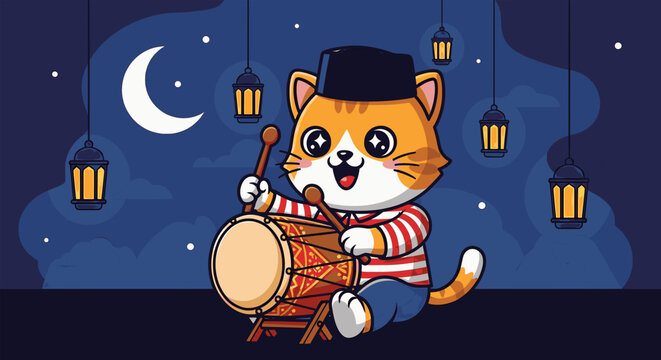 Cute cat wearing peci beating bedug drum Eid al-Fitr vector