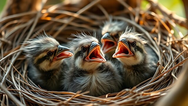 Newborn birds in nest with open beaks, soft morning light. wildlife magazines, conservation campaigns, designed for wildlife conservation campaigns.