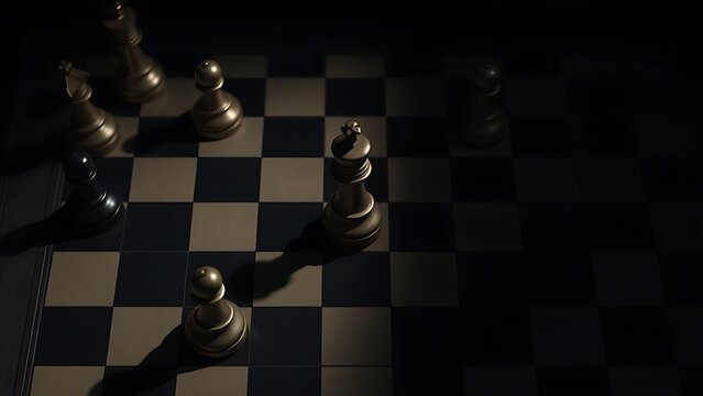  A chessboard in mid-game with a highlighted king piece, top-down view with dramatic shadows. travel magazines, destination branding, designed for outdoor magazines and nature guides.