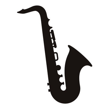 A striking black silhouette of a saxophone, a musical instrument icon