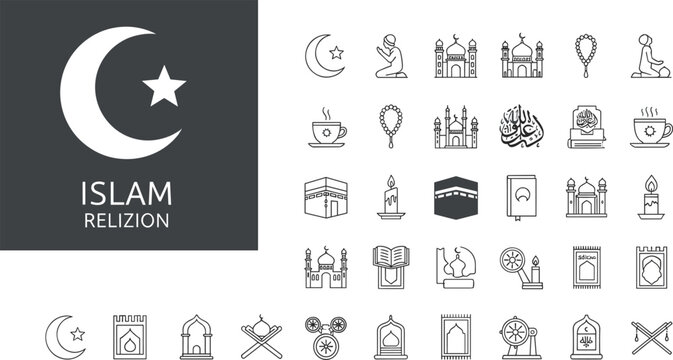 Minimalist black line icons set of Islamic religion elements including crescent moon mosque prayer beads Quran Kaaba and lantern for Ramadan Kareem celebration design.