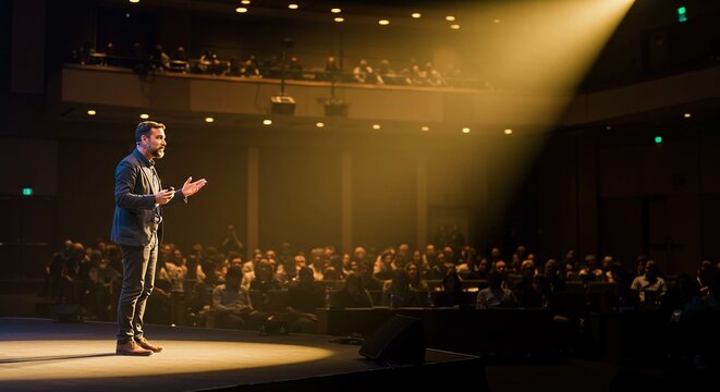 A confident speaker presents to a large audience in a brightly lit auditorium