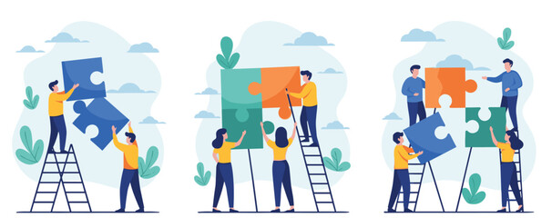 Flat vector illustration set of business teamwork and collaboration with people connecting jigsaw puzzle pieces on ladders for successful partnership and problem solving concept. © Aminul