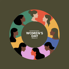A colorful circular design featuring diverse women s silhouettes celebrating international women s day on march 8th