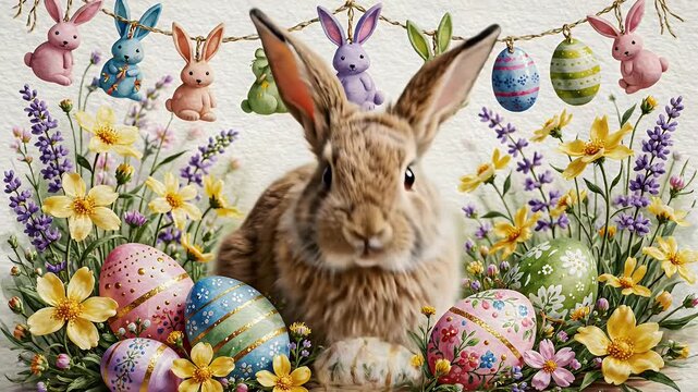 A Whimsical Springtime Bunny Amid Colorful Easter Eggs and Flowering Blooms