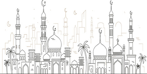 Minimalist black line art vector illustration of an Islamic mosque skyline with minarets domes crescent moons and palm trees over a modern city background contour. © Aminul