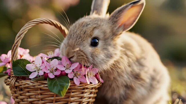 Adorable brown bunny nuzzles flower basket beside springtime pink blooms