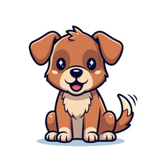 Fototapeta premium A cute cartoon dog with brown fur sitting on a white background with a cheerful expression.