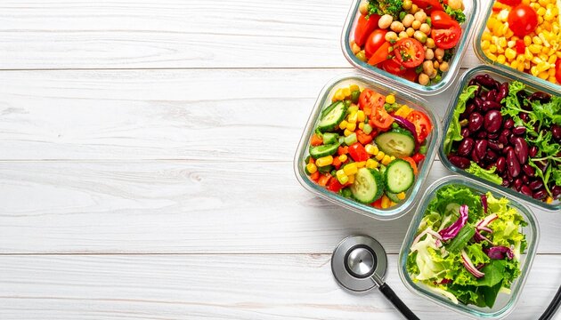 A vibrant overhead view of various healthy meal prep containers filled with fresh ingredients, symbolizing a nutritious diet for World Health Day, promoting wellness and balanced eating