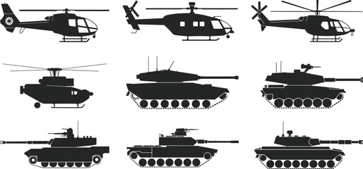 Military vehicle silhouettes illustration featuring helicopters and tanks in black design, concept of defense, war machinery, combat equipment, and armed forces technology © sohag babu 