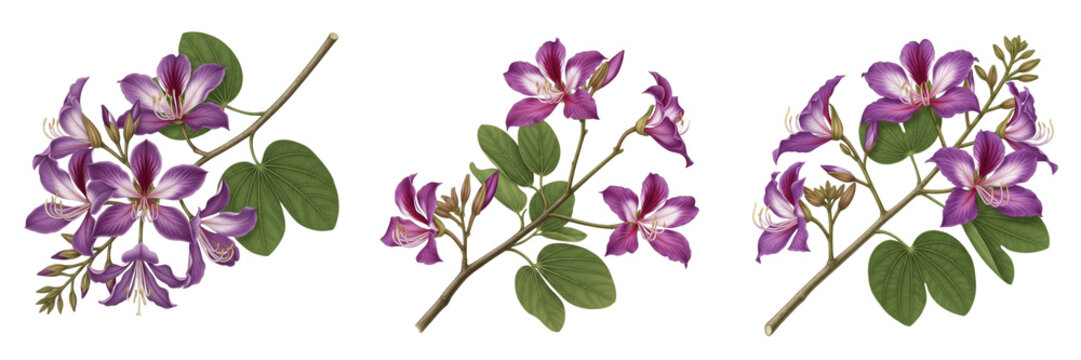 Vintage botanical illustration set of purple Bauhinia flowers and green leaves on branches isolated on white