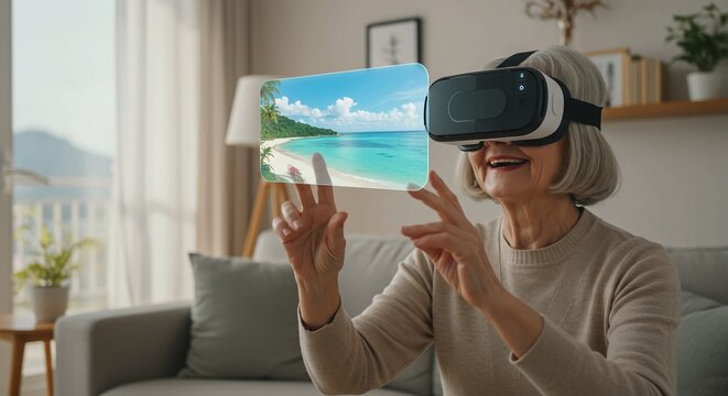 A senior woman wearing virtual reality goggles experiences a serene beach scene from the comfort of her living room