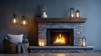Cozy Modern Living Room with Stone Fireplace and Warm Lighting
