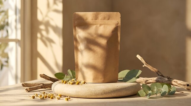 Blank Kraft Paper Pouch Mockup with Chamomile and Eucalyptus on Stone