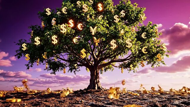 A tree with green and yellow leaves shaped like dollar bills standing in dry cracked earth against a purple sky
