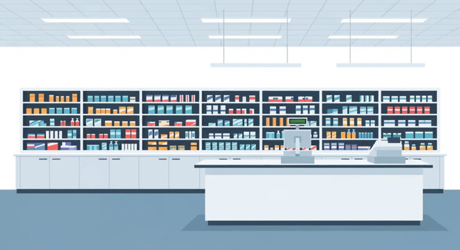 A modern pharmacy interior with medicine shelves service counter clean floor bright lighting organized layout minimal vector illustration flat design uncluttered composition