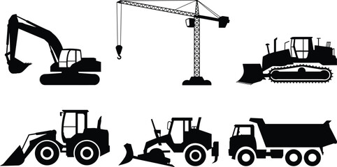 Black silhouettes of six heavy construction machinery vehicles including excavator crane bulldozer loader grader and dump truck vector illustration design © Creative Art