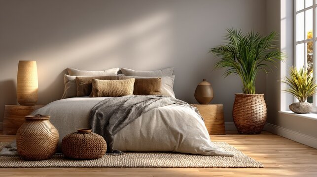Minimalist Earthy Bedroom with Wicker Decor and Natural Sunlight