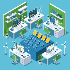 Obraz premium Isometric Office Workspace with Computers and Wind Turbines.