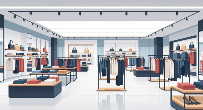 A modern clothing store interior with garment racks display shelves clean floor bright lighting organized layout minimal vector illustration flat design uncluttered composition