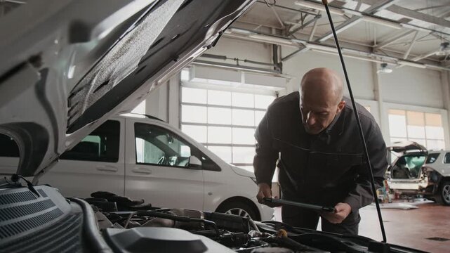 Medium full shot of mature Caucasian male automobile technician with tablet in hands standing by car with raised hood, overseeing computer engine efficiency diagnostics, hand checking valves