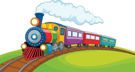 Colorful cartoon steam train locomotive with rainbow engine pulling purple and red passenger cars on a curved railway track hill © Creative Art