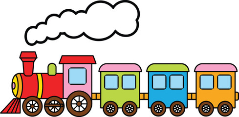 Colorful cartoon toy steam train locomotive with red engine puffing white smoke pulling green blue and yellow passenger carriage illustration © Creative Art