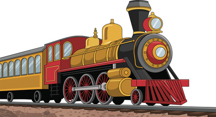 Colorful vintage steam train illustration, classic red and gold cartoon locomotive pulling passenger car on railway tracks graphic design element © Creative Art