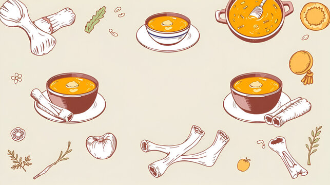 Healthy food background. Marrow bone broth banner. Hot soup on plates, pans, bowls, organ meat, vegetables, marrow bones sketches. Hand drawn vector illustrations. Homemade food ingredient