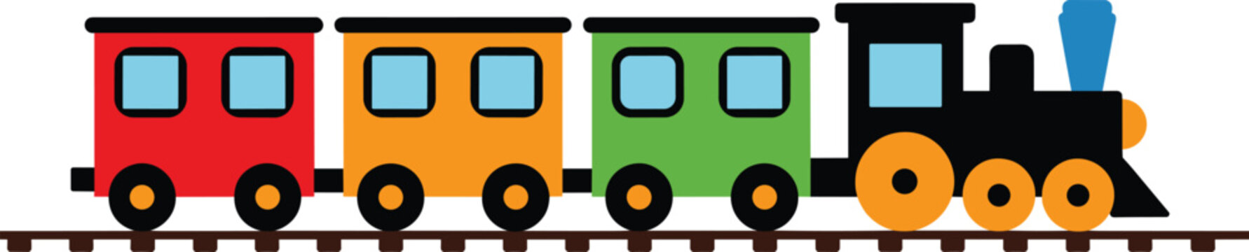 Cute colorful cartoon steam train locomotive with black engine pulling green orange and red passenger cars on railway track illustration