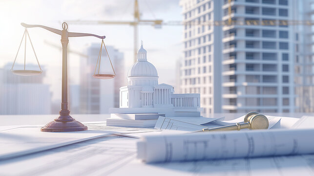 Scales, gavel, capitol, blueprint suggest legal and construction projects. Perfect for law firms, construction companies, and government agencies.