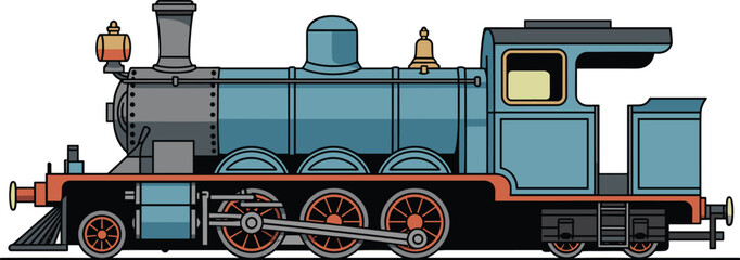 Detailed vector illustration of a vintage blue steam locomotive train, viewed from the side, isolated on a plain white background. © Creative Art