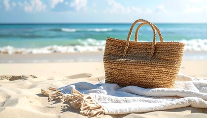 A woven straw bag on a sandy beach with a white blanket, ocean waves in the background, serene atmosphere.