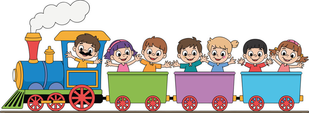 Happy cartoon kids riding colorful toy train, friendly conductor driving steam locomotive, playful vector illustration, preschool children having fun travel
