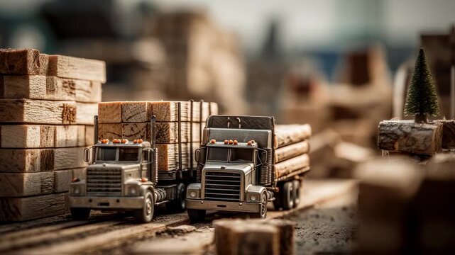 Miniature World: A Wood Transportation Scene with Toy Trucks and Lumber