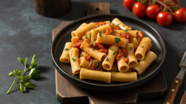 Delicious rigatoni pasta dish with tomato sauce and fresh cherry tomatoes on dark background