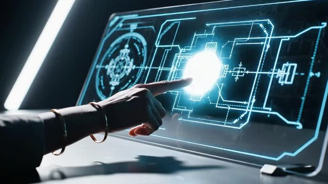 A futuristic robotic arm points to a glowing blue schematic on a large screen