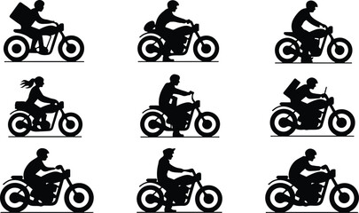 Naklejka premium Motorcycle Rider Silhouette Icon Vector Biker Riding Motorcycle Silhouette Icon Set