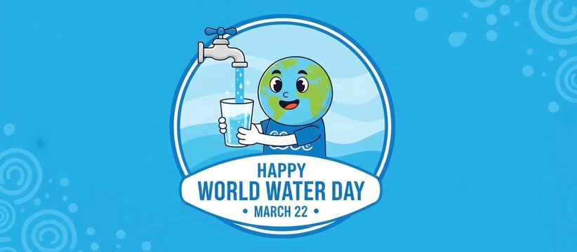 world water day - Happy globle world character hold a glass to receive water from the faucet vector design