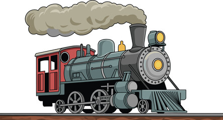 Vintage cartoon steam train illustration, puffing smoke on railway tracks, classic retro locomotive engine graphic design for historical transportation projects © Creative Art