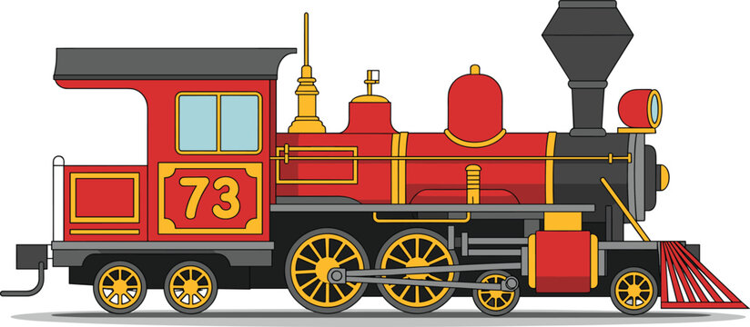 Vintage red steam locomotive vector illustration featuring number seventy three, classic railway engine side view with detailed front cowcatcher design
