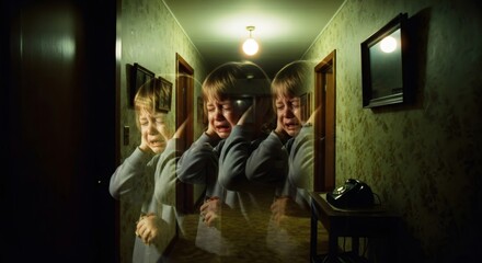 Fototapeta premium Child crying scared in dark hallway at home at night. Concept of scary nightmare, evil ghost, monster, childhood fear, horror, pain.
