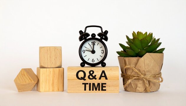 Conceptual Q&A Time Scene Featuring an Alarm Clock on a Wooden Block with Black Text Next to a Potted Succulent Plant and Geometric Shapes to Represent Scheduled Question and Answer Sessions