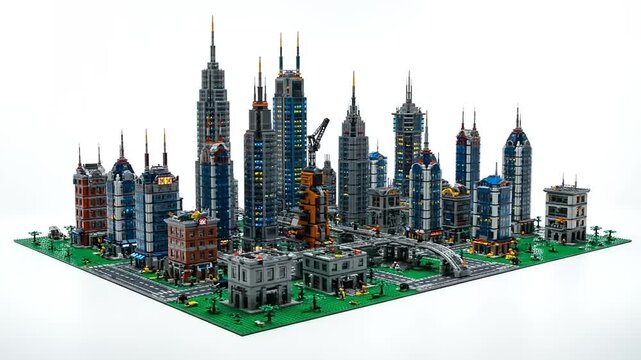 Lego Cityscape Model with Skyscrapers and Crane.