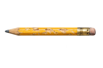 Yellow pencil with extensive bite marks and chewed wood, a visual representation of stress, anxiety, and learning habits